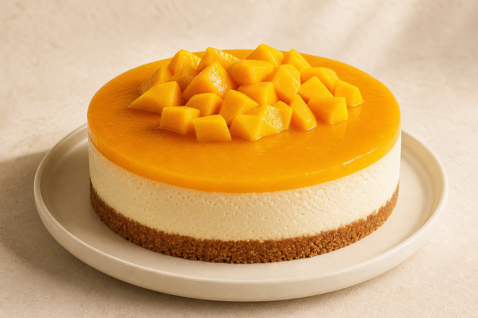 Baked mango cheesecake, finished with fresh mango